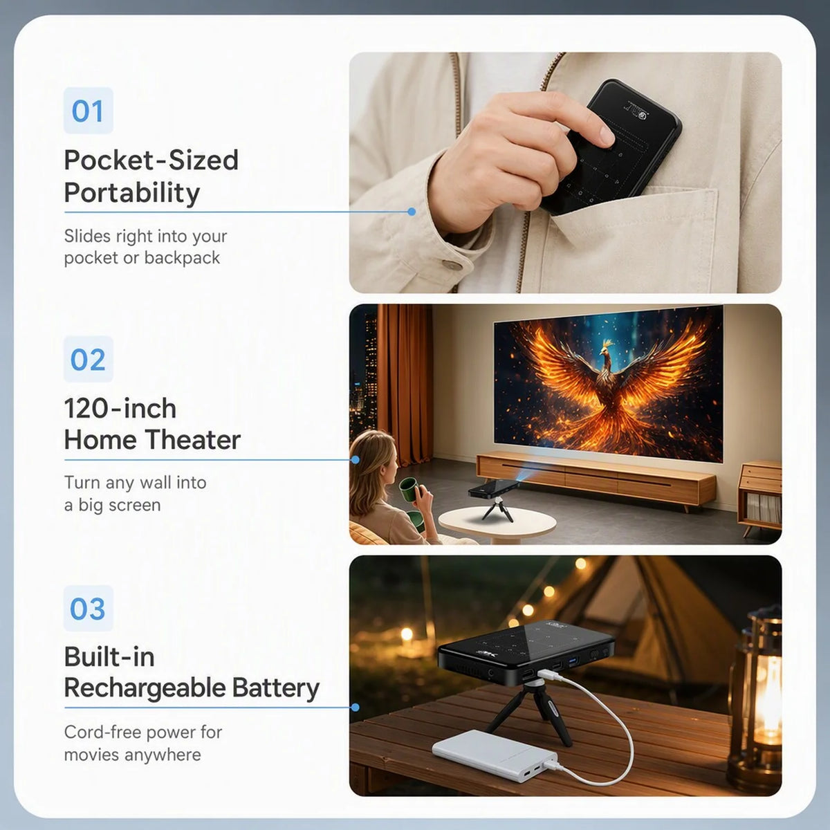 Vidéoprojecteur Android 4K Batterie Intégrée Écran 120 Pouces