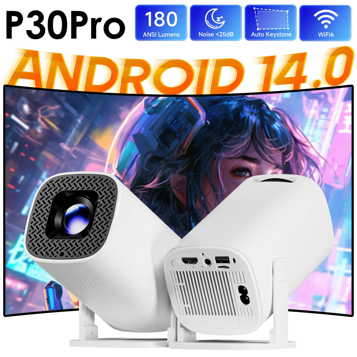 Vidéoprojecteur Android 14 P30 Pro WiFi 6 Duplication d'Écran