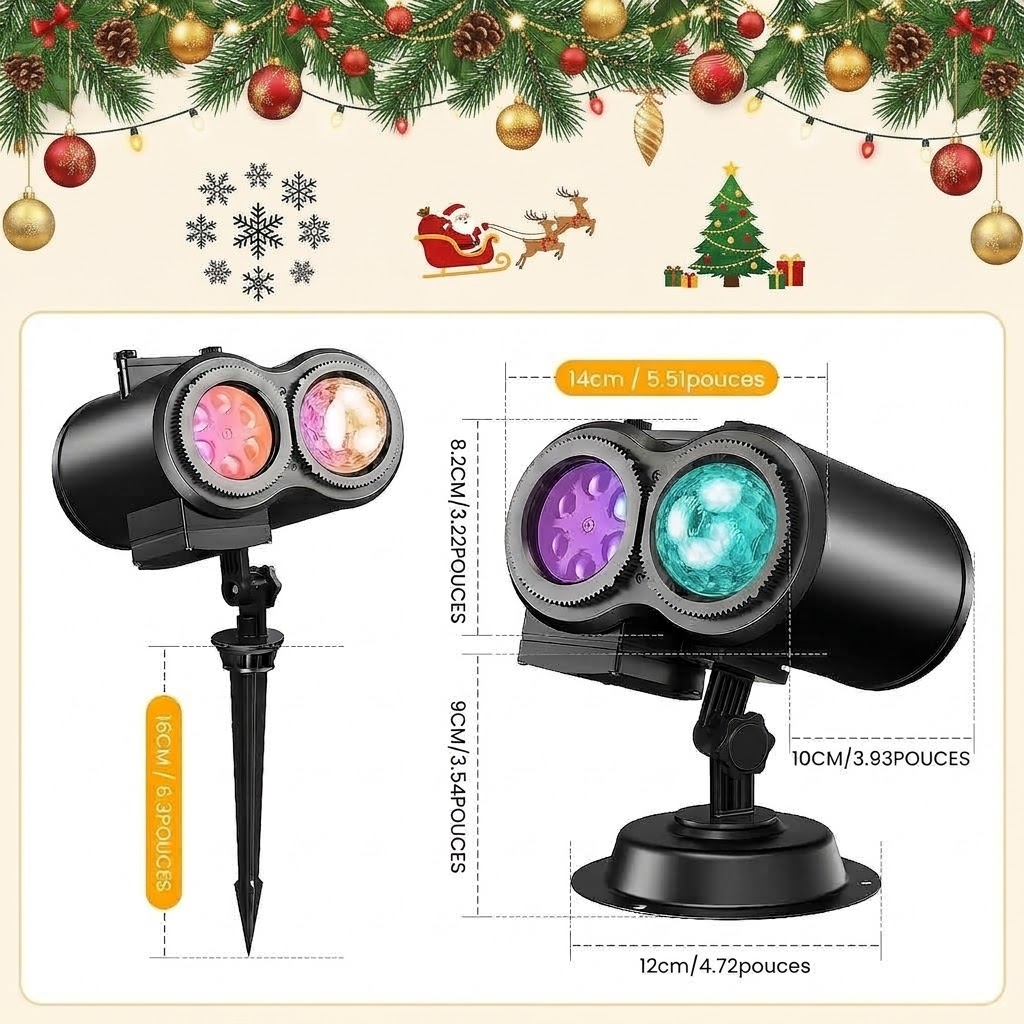 Projecteur double objectif planté dans le jardin, décoration de Noël projetée sur la façade