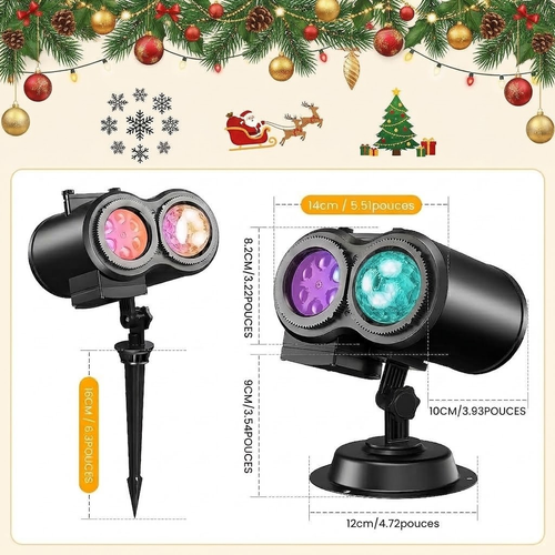 Projecteur double objectif planté dans le jardin, décoration de Noël projetée sur la façade