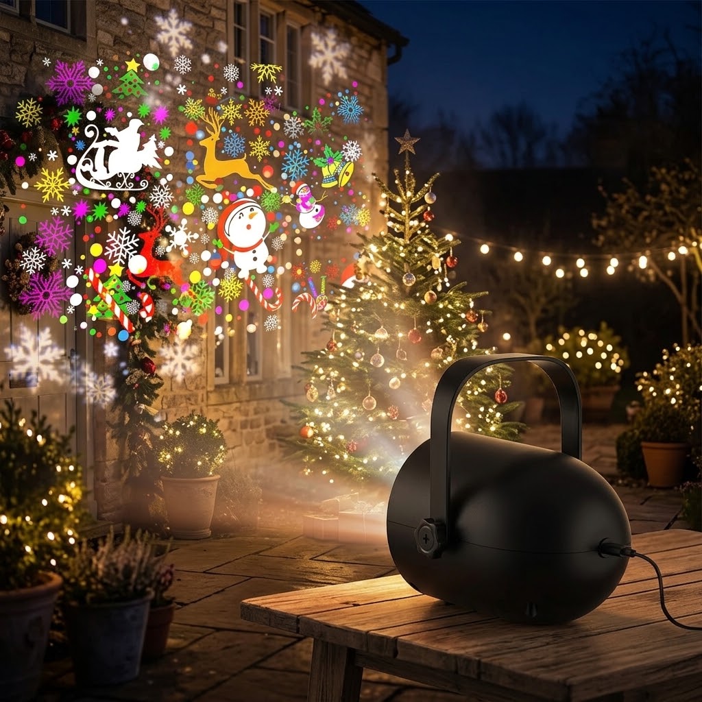 Motifs de Noël projetés sur la façade d'une maison pour une décoration de Noël
