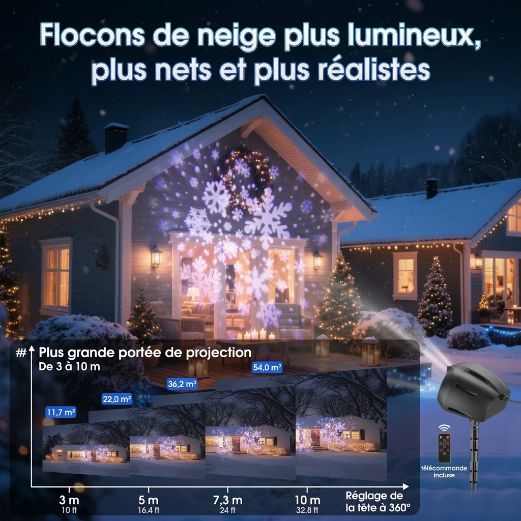 Flocons projetés sur une façade de maison, idée cadeau de Noël pour l'extérieur