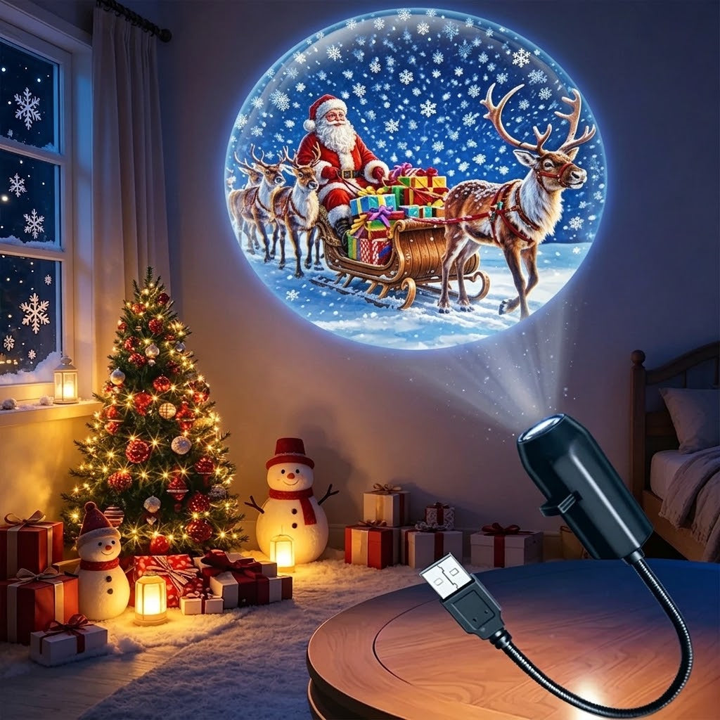 Projecteur USB fixé au tableau de bord pour une décoration de Noël nomade en voiture