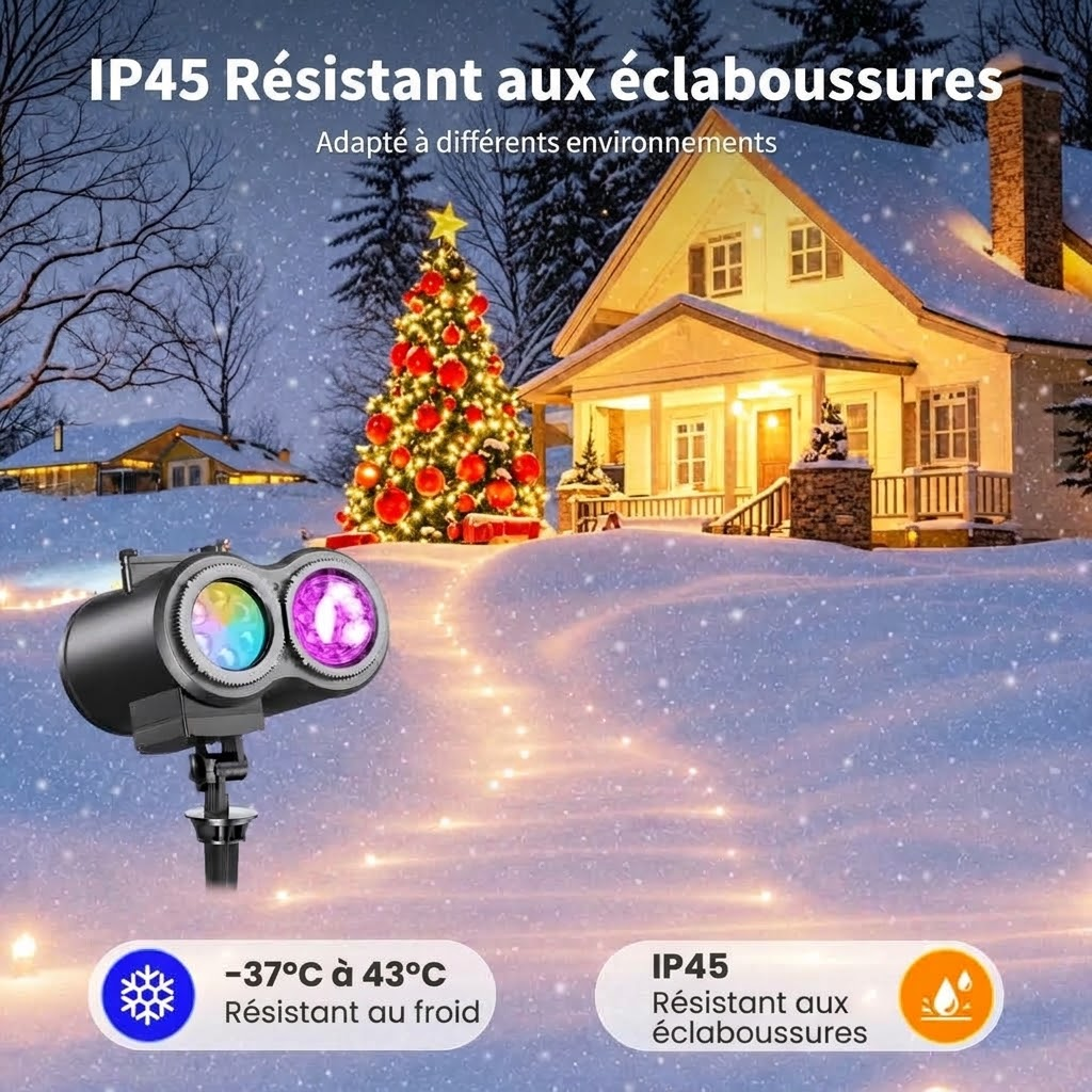 Projection de motifs féeriques sur un mur, décoration de Noël nette grâce au double objectif