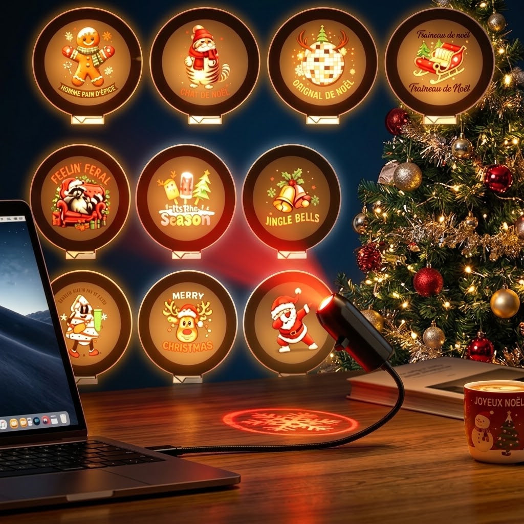 Lampe col de cygne projetant une décoration de Noël lumineuse sur un mur d'intérieur