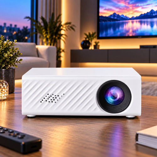 Mini vidéoprojecteur LED blanc vu de face sur une table de salon
