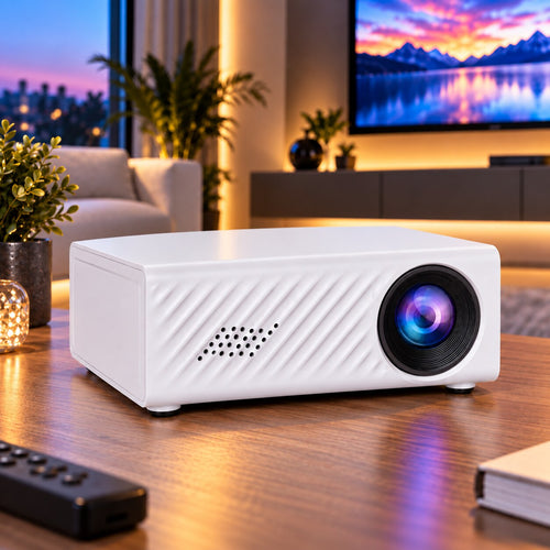 Mini vidéoprojecteur LED compact vu de trois quarts, objectif orienté vers la droite