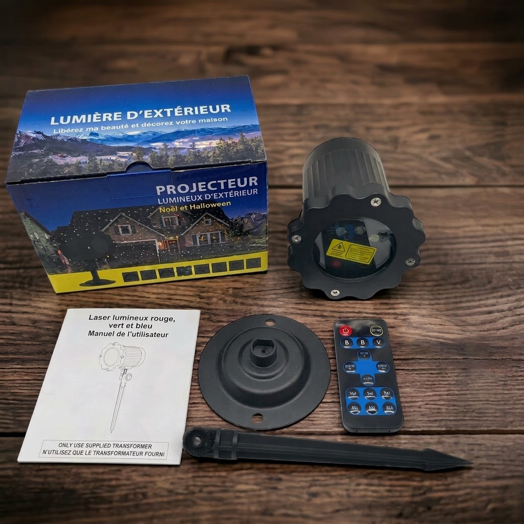 Contenu du colis : projecteur, télécommande, piquet et socle, idée cadeau de Noël complète