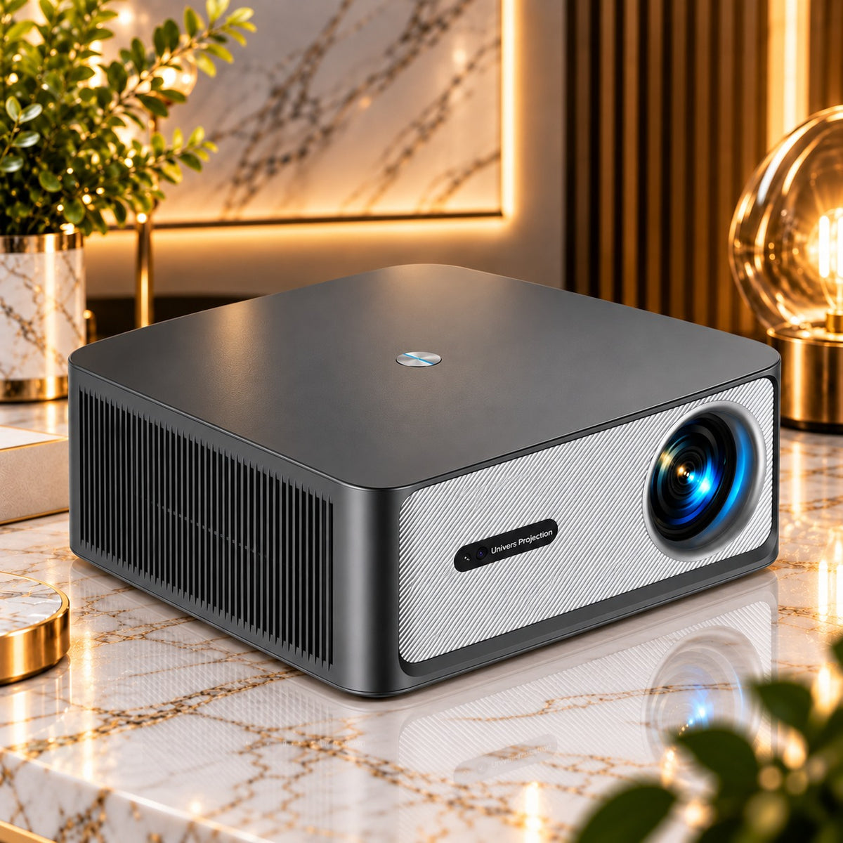 Vidéoprojecteur ThundeaL TD98 Pro de trois quarts gauche sur un plan en marbre