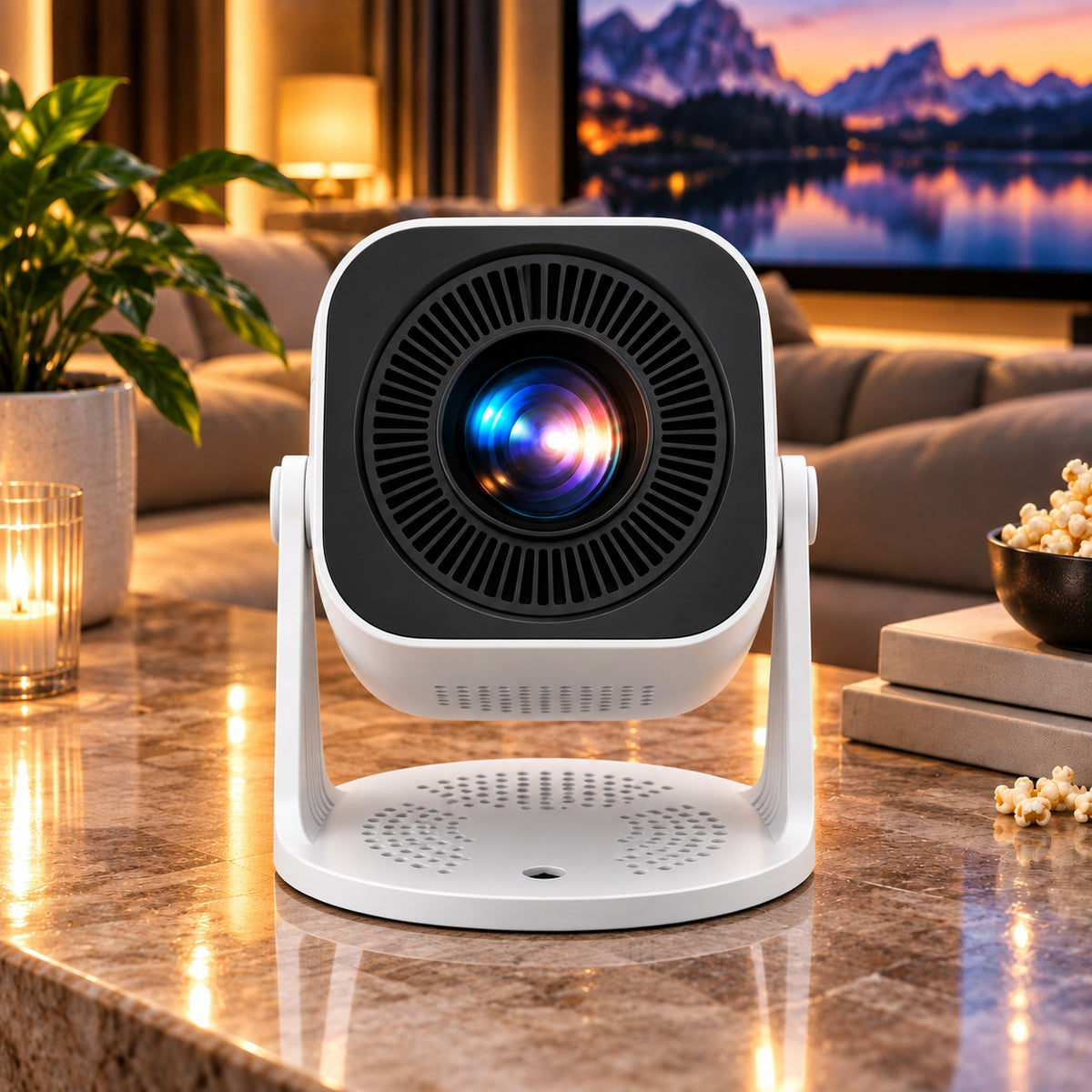 Vidéoprojecteur XGODY Gimbal 3 Pro blanc sur son socle cardan, vu de face
